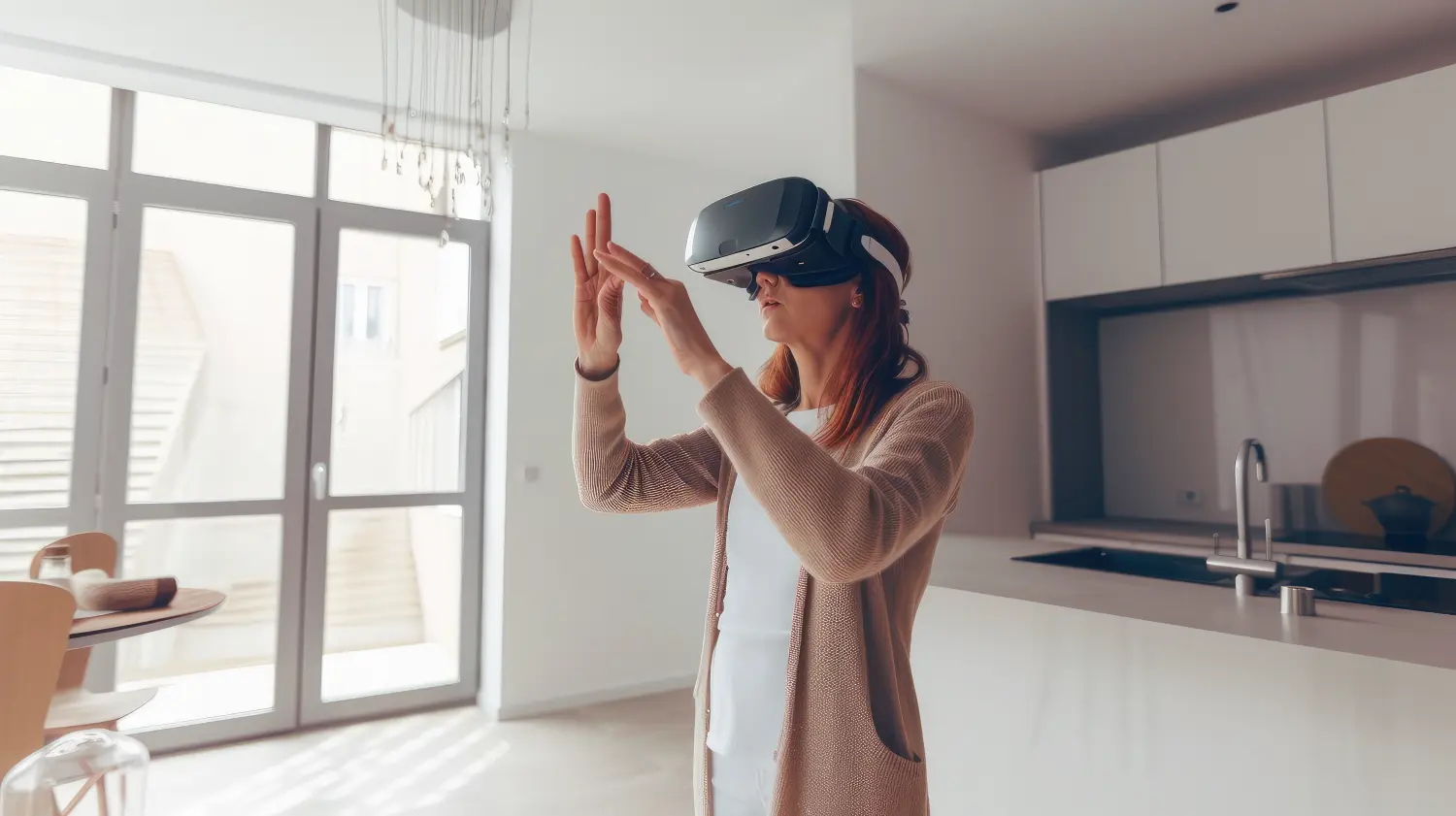virtuelle Immobilie, ein Immobilienmakler, der ein Virtual-Reality-Headset trägt und einen virtuellen Rundgang durch eine Immobilie besichtigt
